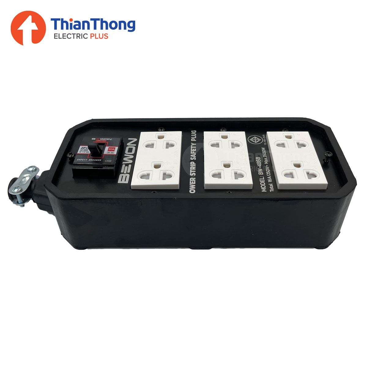 Bewon บล๊อกยาง 4x8 พร้อมปลั๊กกราวด์คู่แบบมีม่าน และเซฟตี้เบรกเกอร์ บีวัน Rubber socket 4x8 with safety breaker BW-486B 3500W