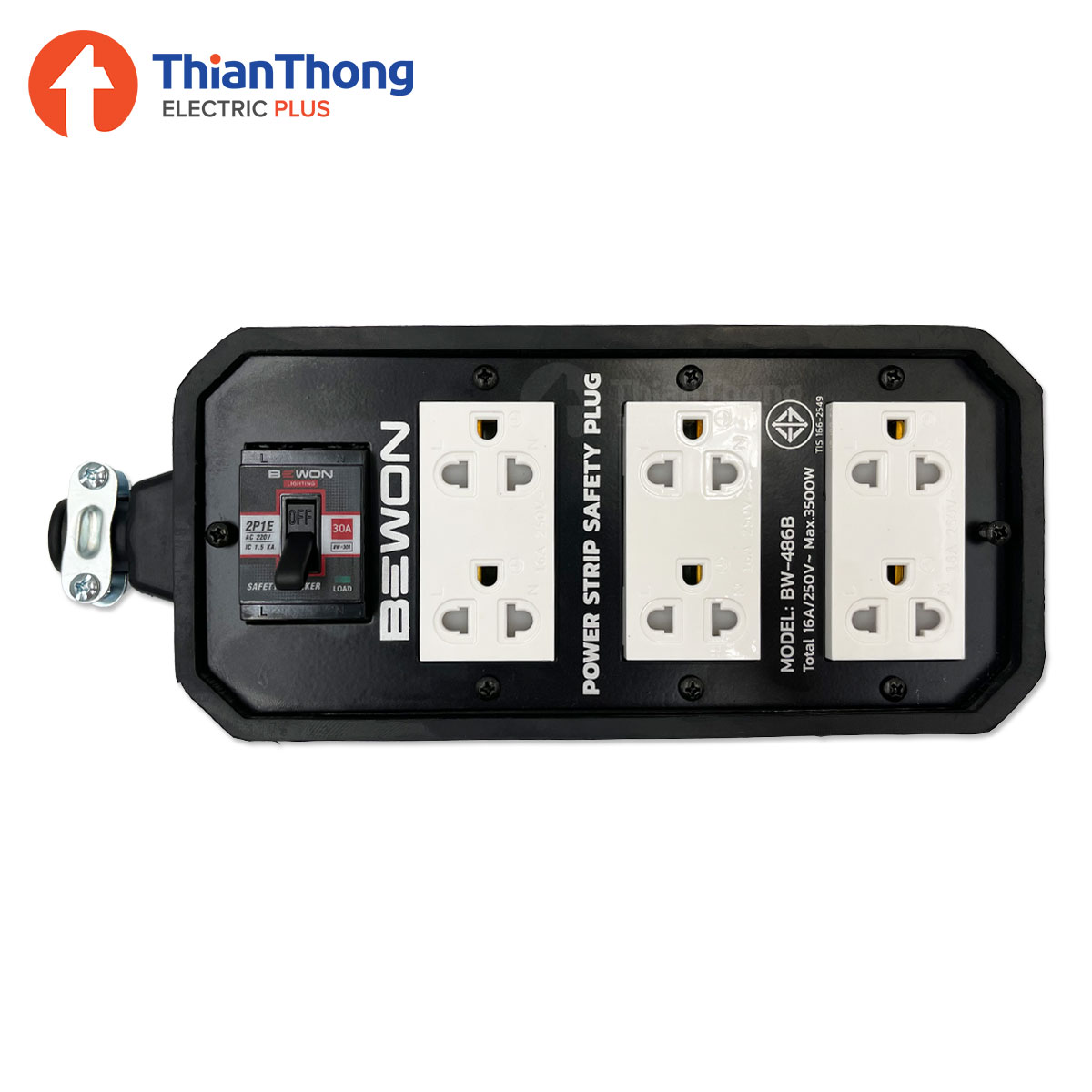 Bewon บล๊อกยาง 4x8 พร้อมปลั๊กกราวด์คู่แบบมีม่าน และเซฟตี้เบรกเกอร์ บีวัน Rubber socket 4x8 with safety breaker BW-486B 3500W
