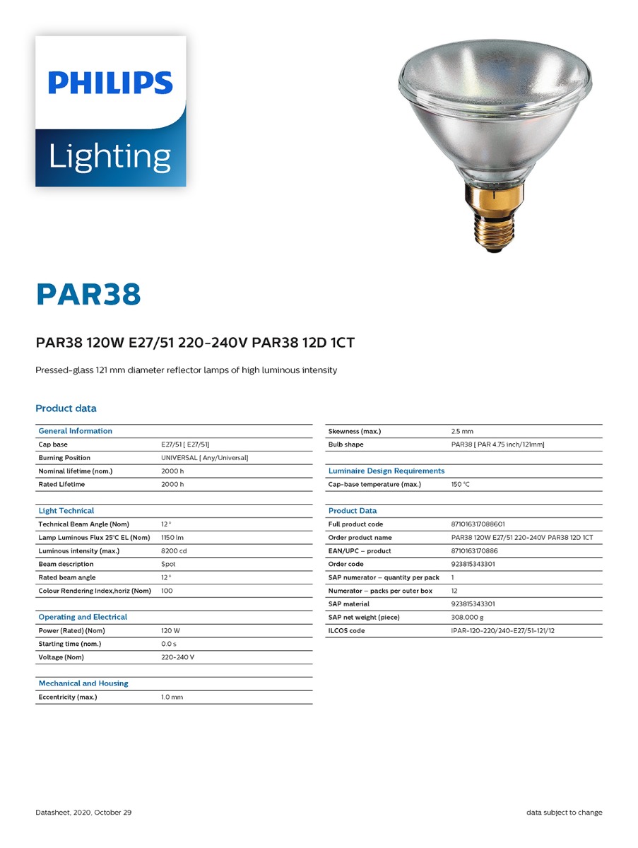 Philips หลอดไฟ สปอร์ตไลท์ PAR 38 ฟิลิปส์ Outdoor reflector PAR38 120W E27