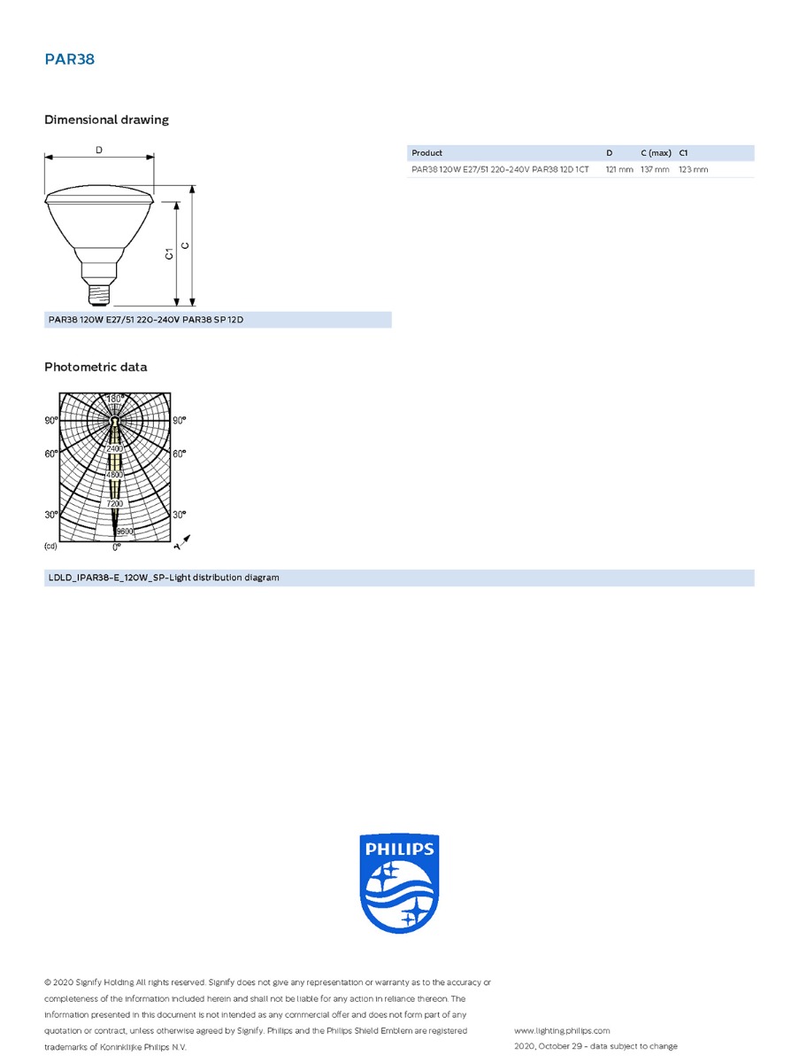 Philips หลอดไฟ สปอร์ตไลท์ PAR 38 ฟิลิปส์ Outdoor reflector PAR38 120W E27