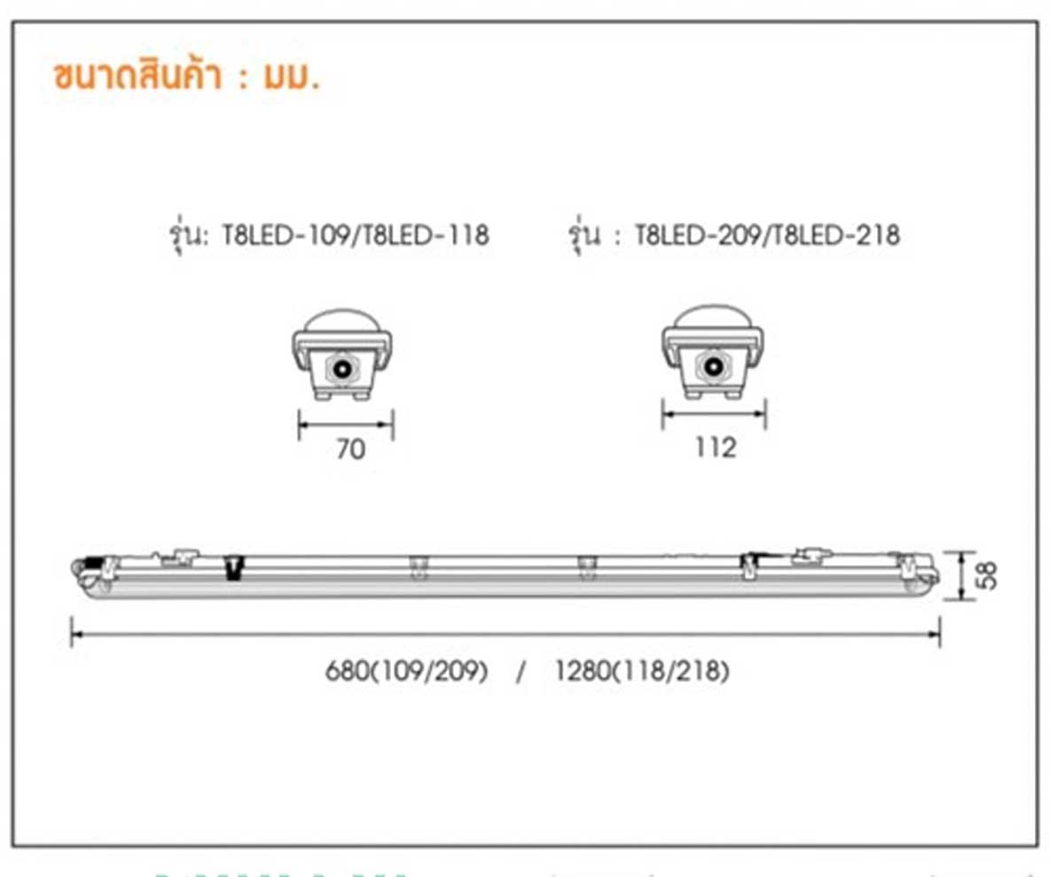TFC โคมไฟ กันน้ำกันฝุ่น ทีเอฟซี T8 Waterproof Luminaire 1xLED 600mm