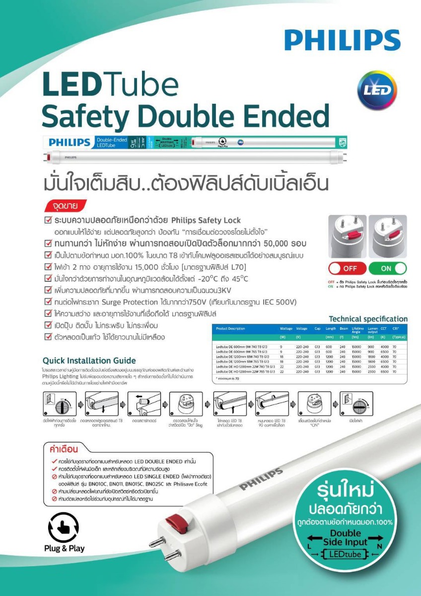 Philips Double-Ended LEDtube หลอดนีออน ฟิลิปส์ T8 ดับเบิ้ลเอ็นด์ 18W Daylight Philips LEDtube Safety Double-Ended 18W หลอดนีออน ฟิลิปส์ T8 1200mm ดับเบิ้ลเอ็นด์ Daylight