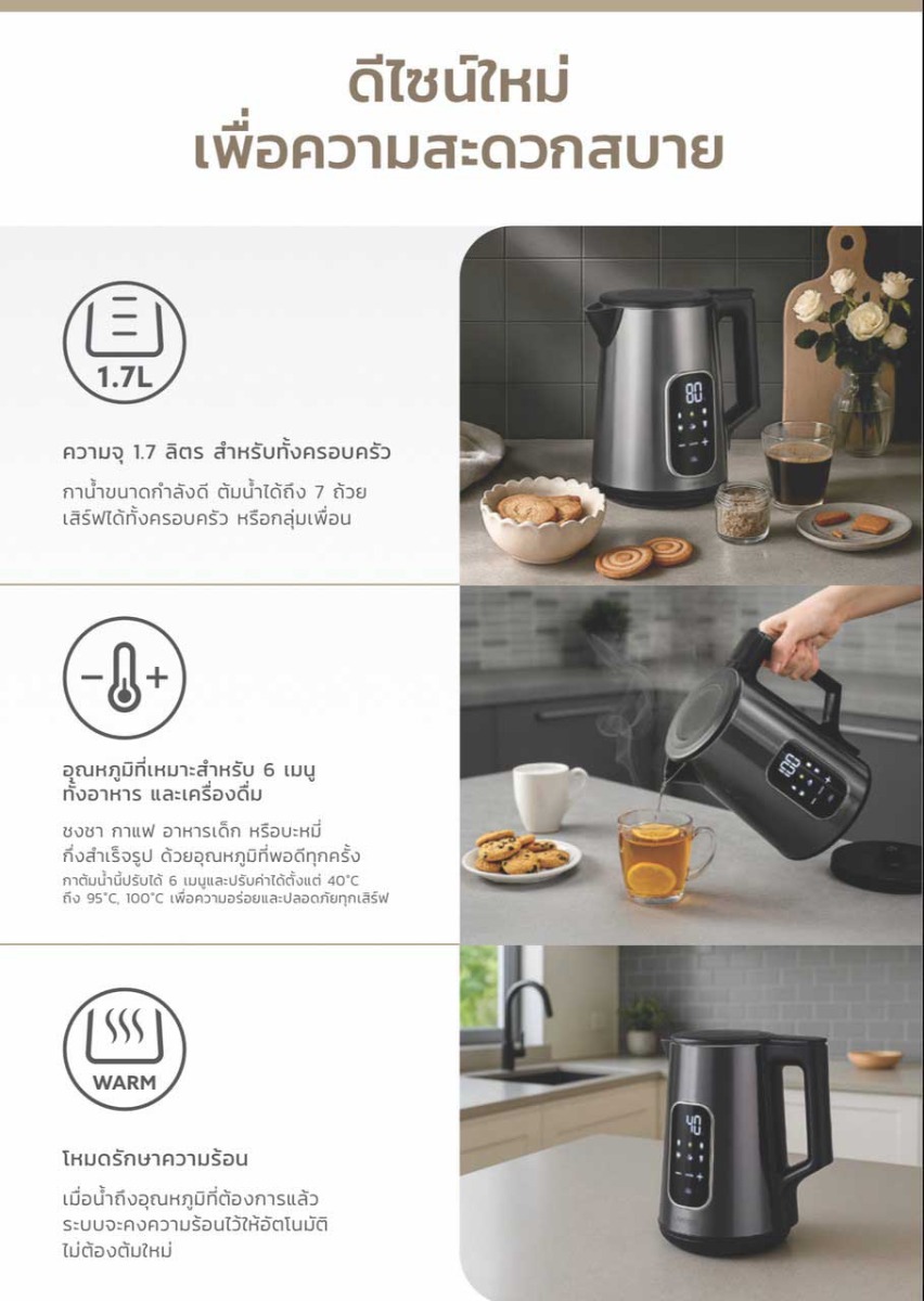 Lamptanกาต้มน้ำไฟฟ้า 1.7L 2000W ปรับอุณหภูมิได้หลายระดับ แลมป์ตั้น Electric Kettle รุ่น KT2000-01