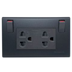Panasonic เต้ารับคู่แบบมีม่าน พร้อมสวิทซ์ควบคุม WEGP1282MB Metallic Black ดำ Grounding Duplex Universal Receptacle With Safety Shutter & Switch